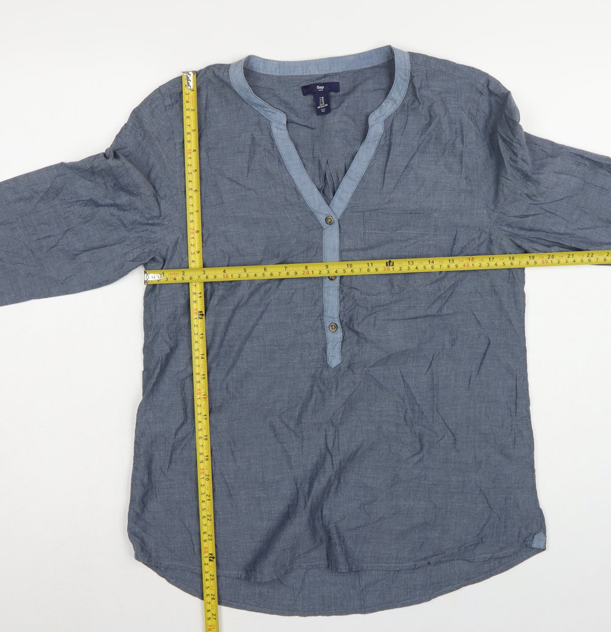 Gap Women Blue Cotton V-Neck Button Long Sleeve Blouse Size M