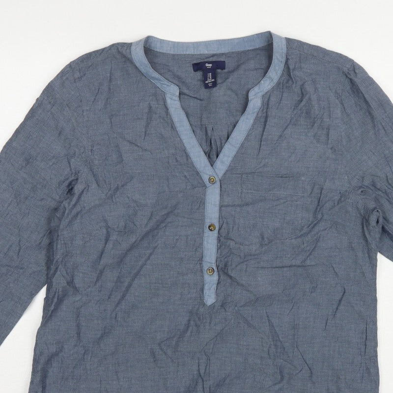 Gap Women Blue Cotton V-Neck Button Long Sleeve Blouse Size M
