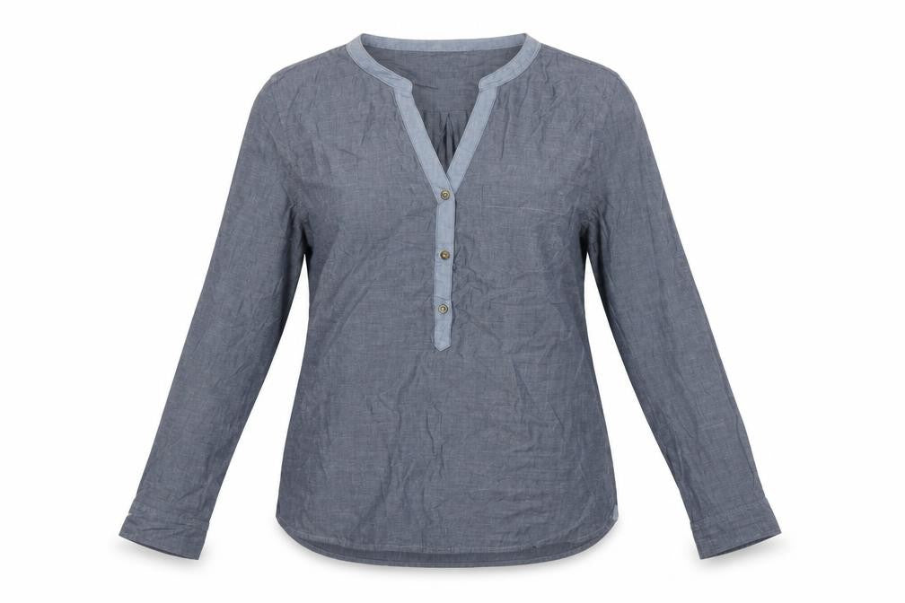 Gap Women Blue Cotton V-Neck Button Long Sleeve Blouse Size M