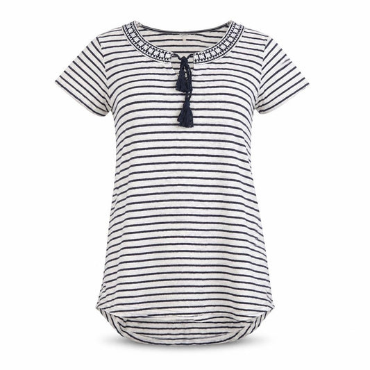 Front view of FatFace Women’s Blue White Stripe Linen Tassel Tunic T-Shirt UK 6