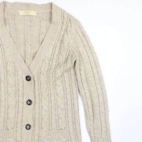 Zara Knit Women’s Beige UK 8 Cable Knit V-Neck Longline Cardigan