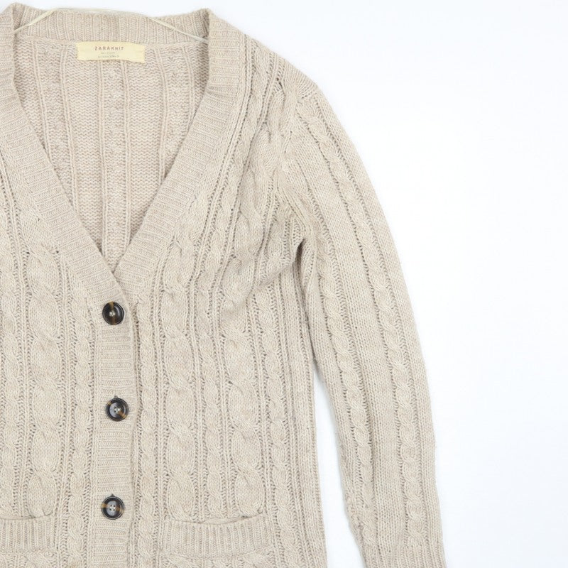 Zara Knit Women’s Beige UK 8 Cable Knit V-Neck Longline Cardigan