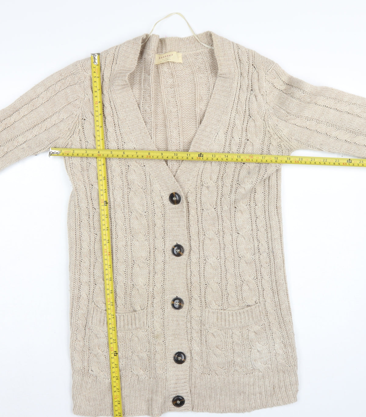 Zara Knit Women’s Beige UK 8 Cable Knit V-Neck Longline Cardigan