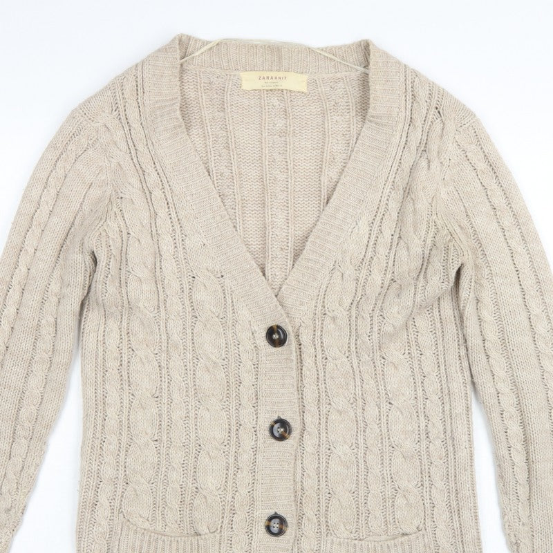 Zara Knit Women’s Beige UK 8 Cable Knit V-Neck Longline Cardigan