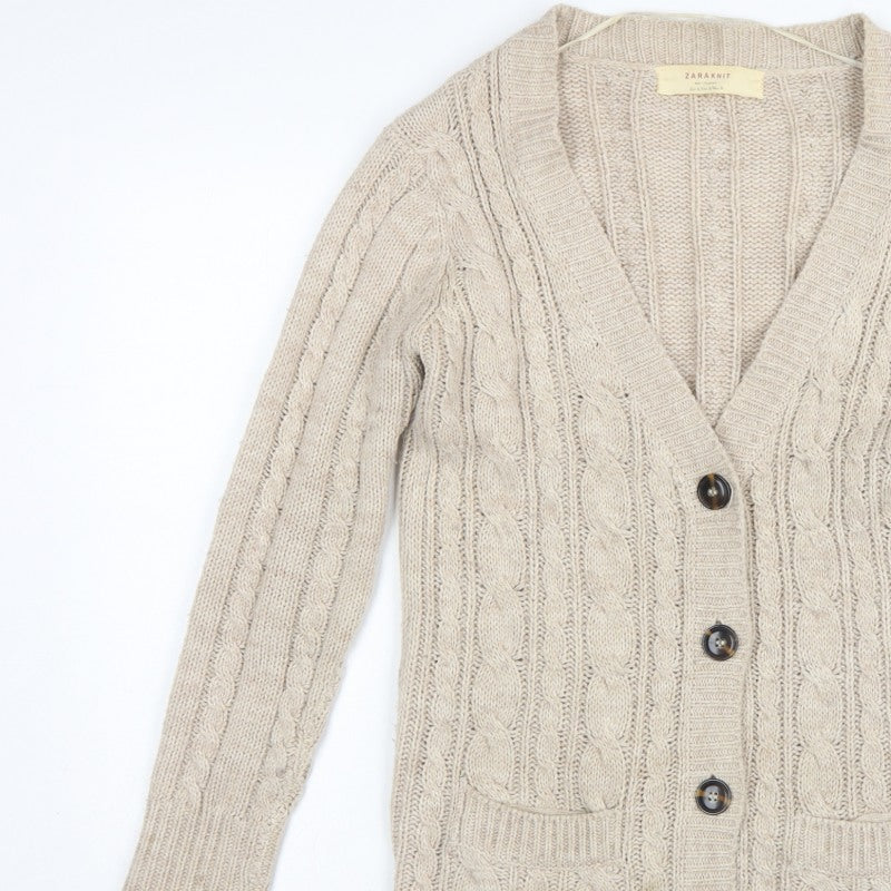 Zara Knit Women’s Beige UK 8 Cable Knit V-Neck Longline Cardigan
