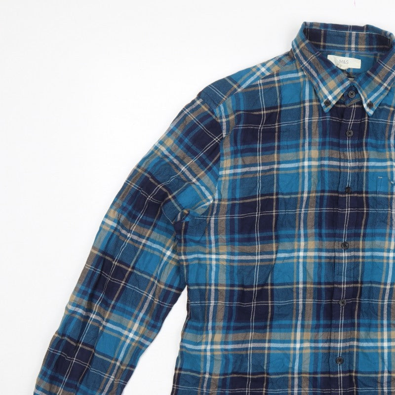 Additional view of Marks and Spencer Men Blue Plaid Cotton Button-Down Shirt L