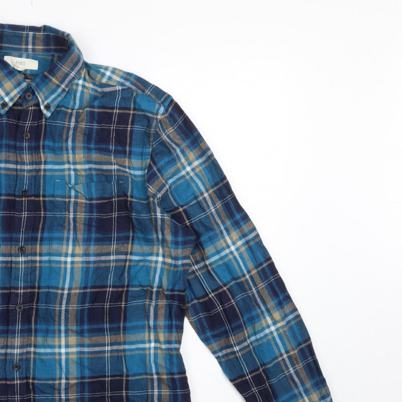 Additional view of Marks and Spencer Men Blue Plaid Cotton Button-Down Shirt L