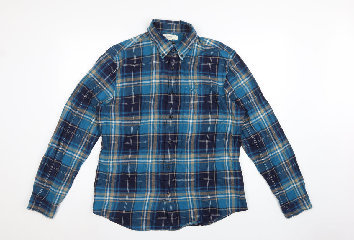 Back view of Marks and Spencer Men Blue Plaid Cotton Button-Down Shirt L