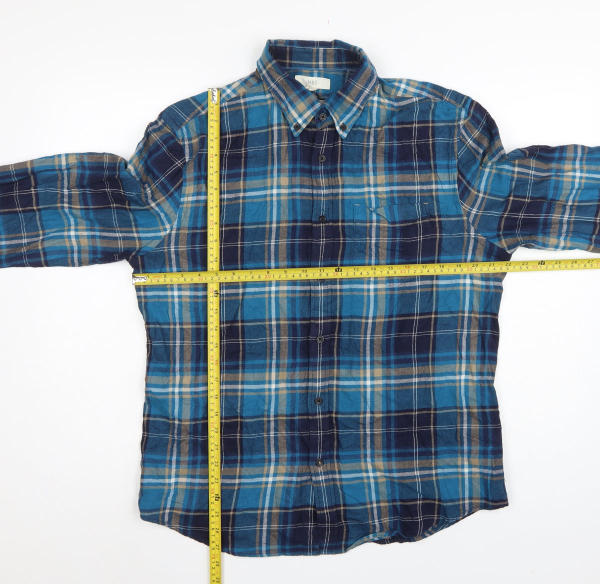 Close-up detail of Marks and Spencer Men Blue Plaid Cotton Button-Down Shirt L