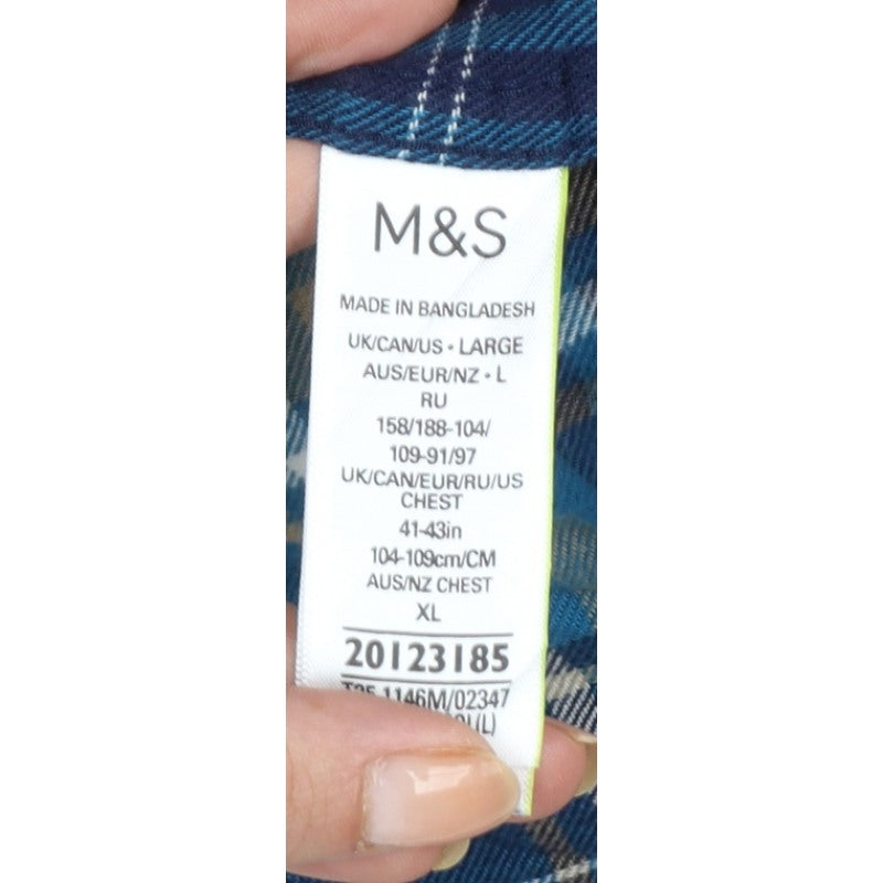 Additional view of Marks and Spencer Men Blue Plaid Cotton Button-Down Shirt L