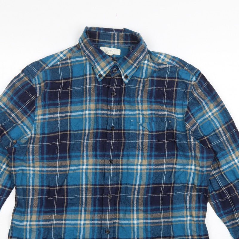 Additional view of Marks and Spencer Men Blue Plaid Cotton Button-Down Shirt L