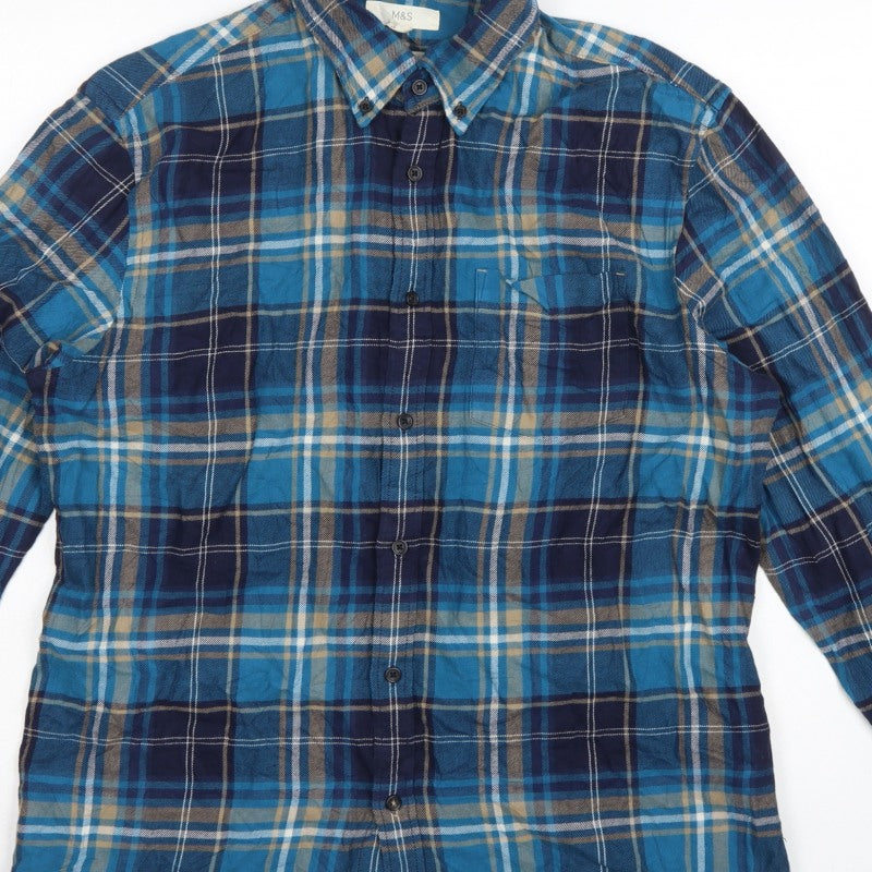 Additional view of Marks and Spencer Men Blue Plaid Cotton Button-Down Shirt L