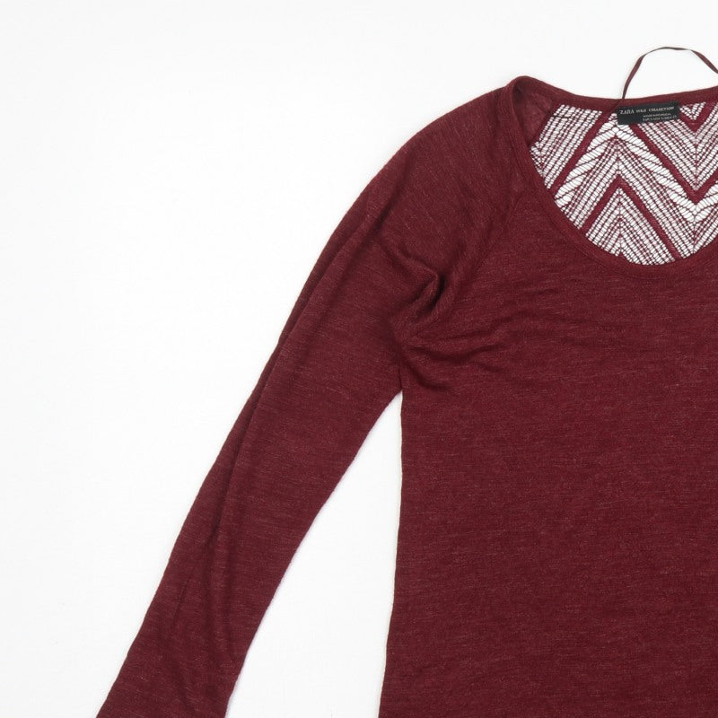 Zara Women Red S Geometric Crochet Sheer Long Sleeve Scoop Neck Top