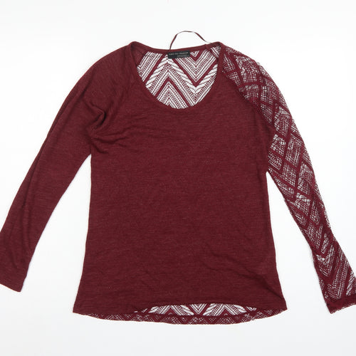 Zara Women Red S Geometric Crochet Sheer Long Sleeve Scoop Neck Top