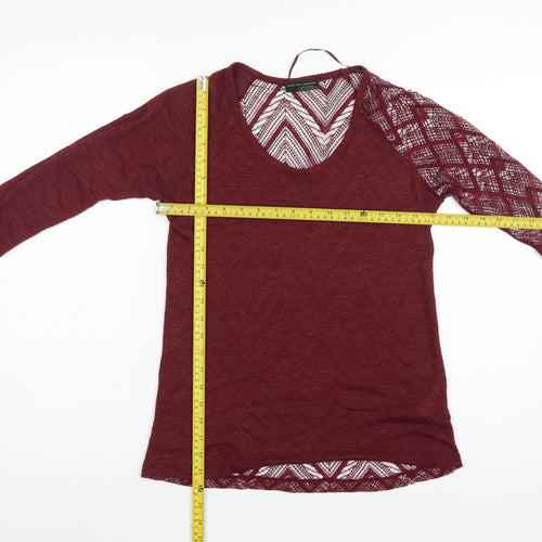 Zara Women Red S Geometric Crochet Sheer Long Sleeve Scoop Neck Top