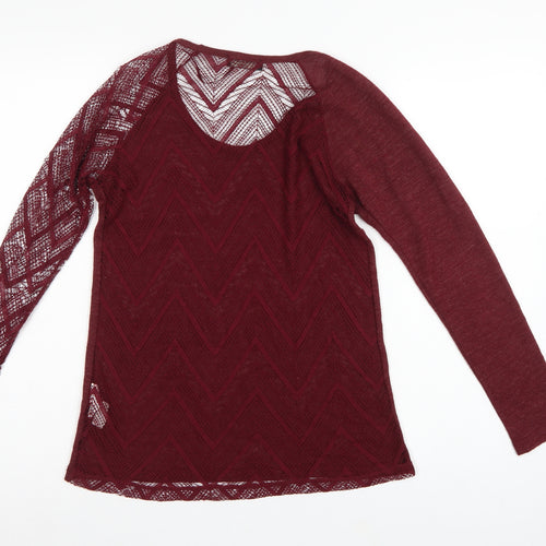 Zara Women Red S Geometric Crochet Sheer Long Sleeve Scoop Neck Top