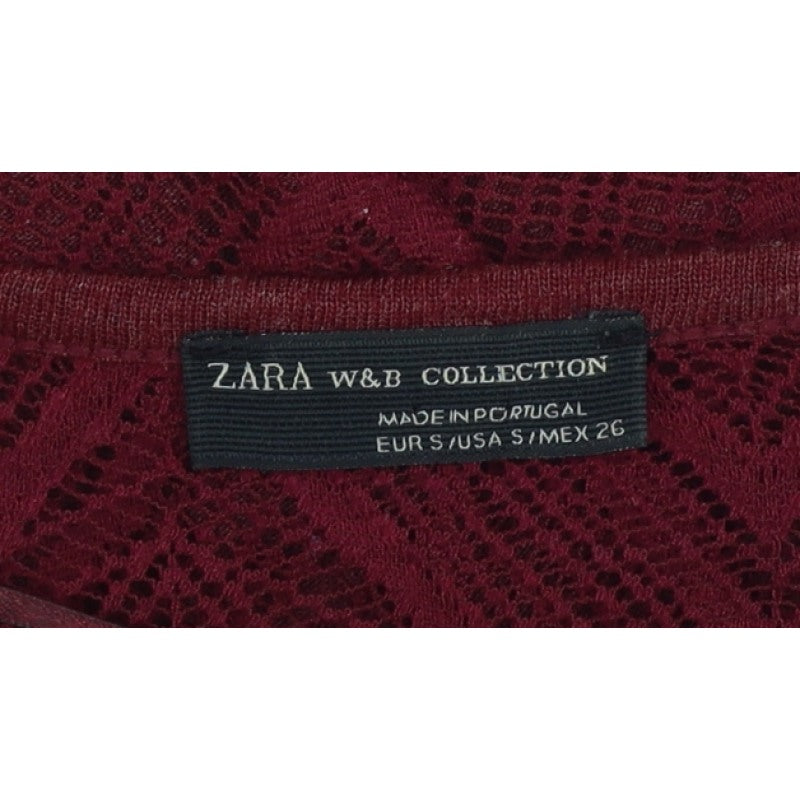 Zara Women Red S Geometric Crochet Sheer Long Sleeve Scoop Neck Top