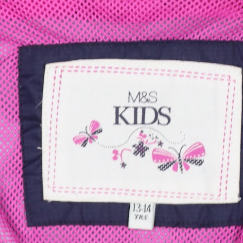 Marks and Spencer Girls Blue 13-14 Years Hooded Anorak Pink Trim
