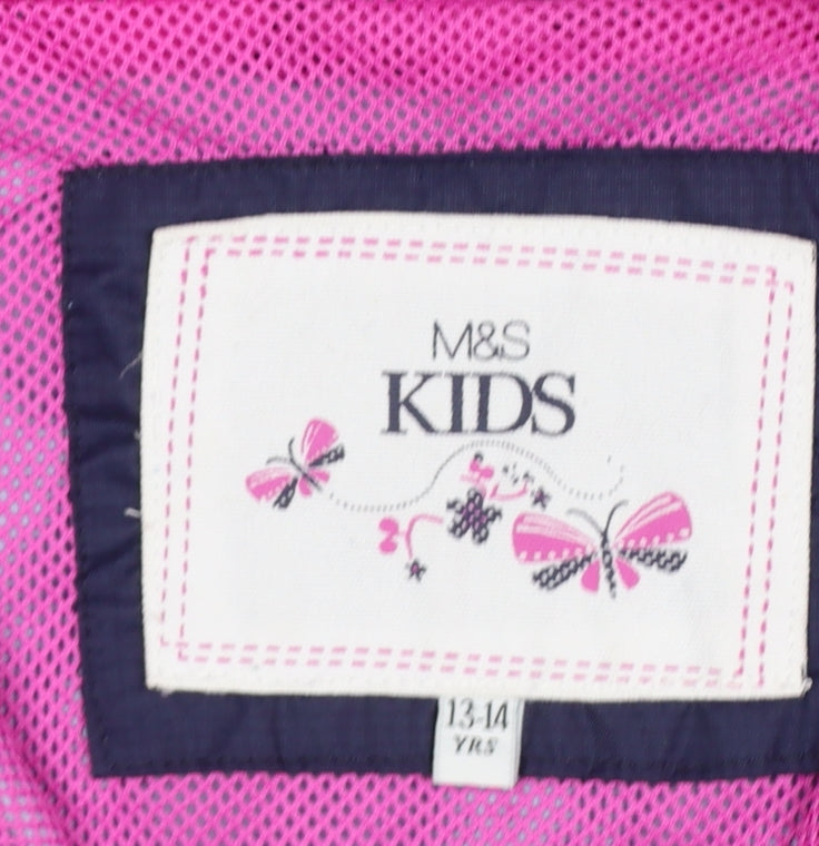 Marks and Spencer Girls Blue 13-14 Years Hooded Anorak Pink Trim