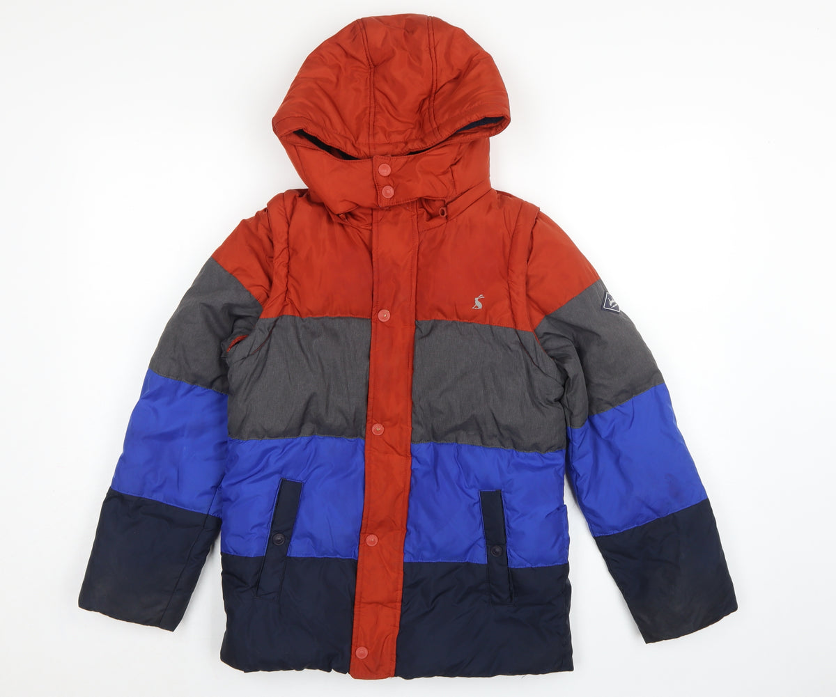Back view of Joules boys’ multicoloured 11 years colourblock hooded puffer jacket