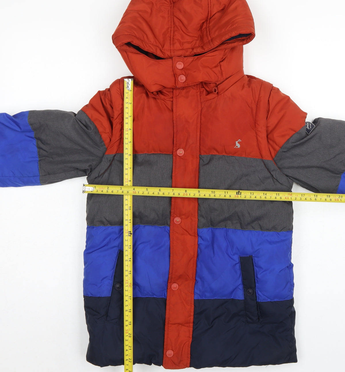 Close-up detail of Joules boys’ multicoloured 11 years colourblock hooded puffer jacket