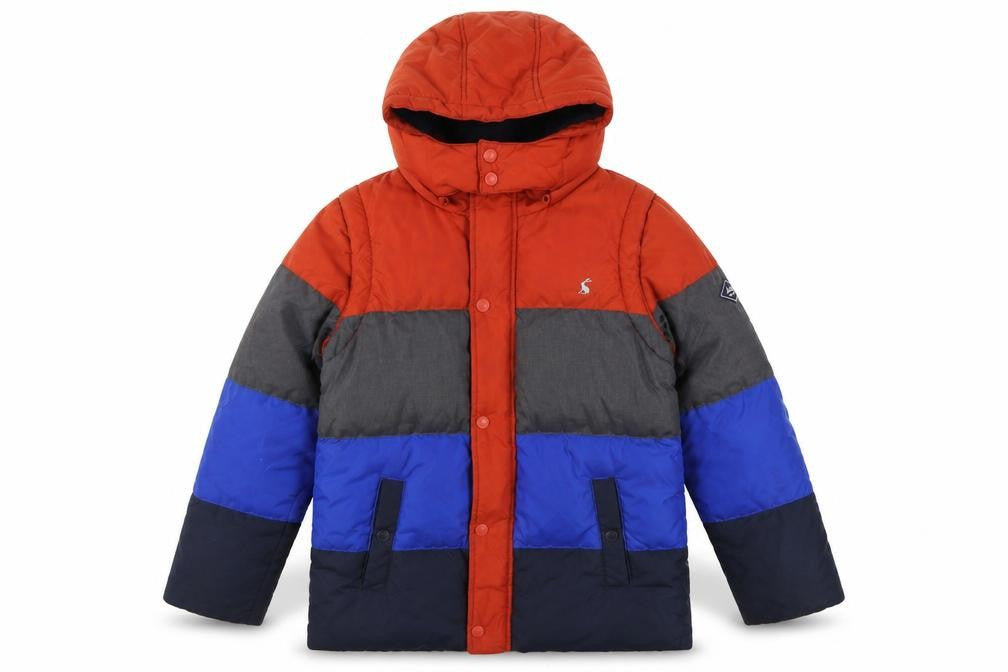 Front view of Joules boys’ multicoloured 11 years colourblock hooded puffer jacket