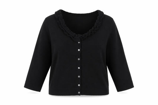 Front view of DKNY Women’s Black XL Ruffle V-Neck Lambswool Cashmere Cardigan