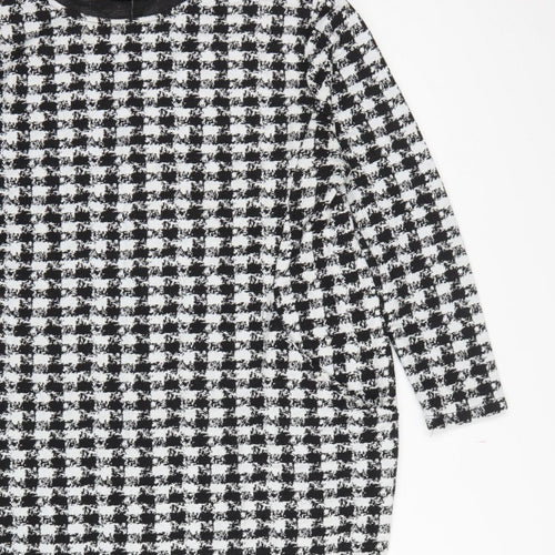 Wallis Women Black White Houndstooth Shift Dress UK 16 Long Sleeve
