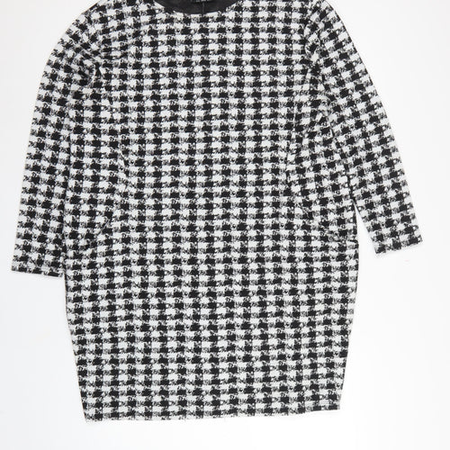 Wallis Women Black White Houndstooth Shift Dress UK 16 Long Sleeve