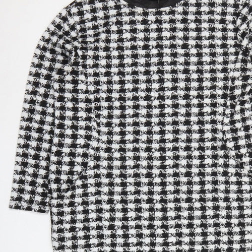 Wallis Women Black White Houndstooth Shift Dress UK 16 Long Sleeve