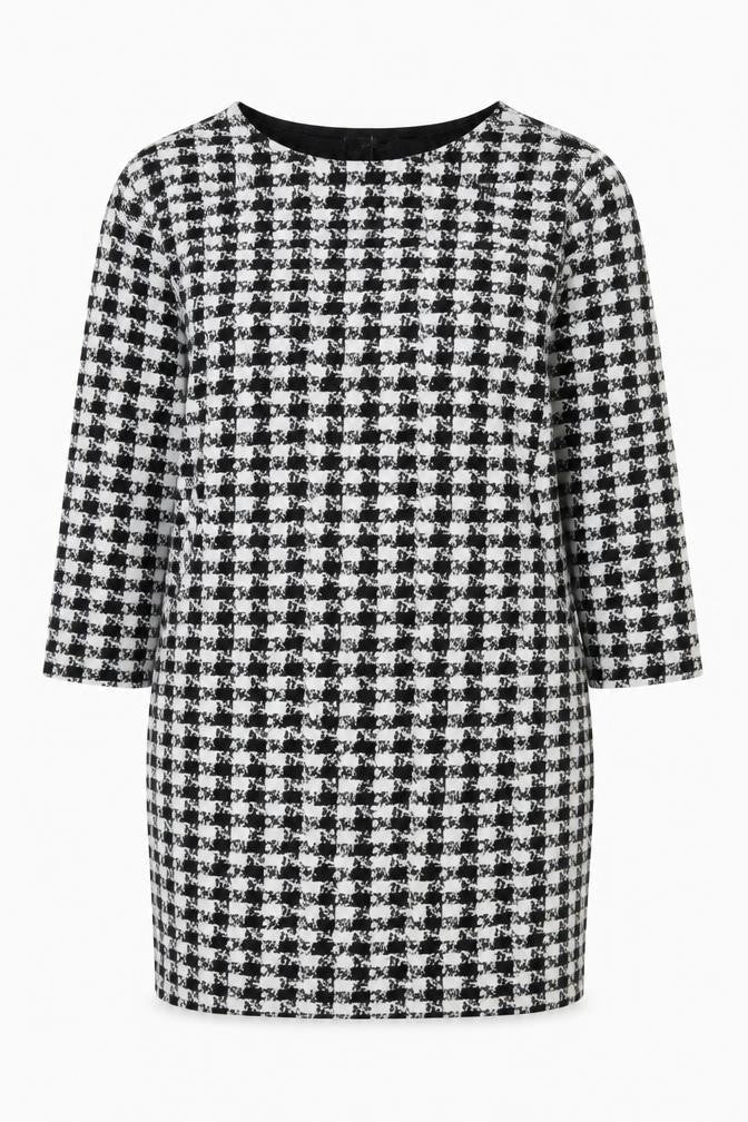 Wallis Women Black White Houndstooth Shift Dress UK 16 Long Sleeve