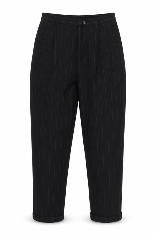 Marks & Spencer Women Black Pinstripe Wool Pleated Trousers UK 14