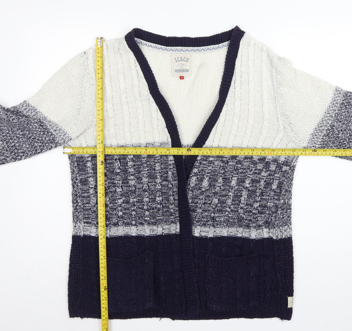 Soulcal & Co Women’s Blue Ivory Cable Knit Open Cardigan Size 14