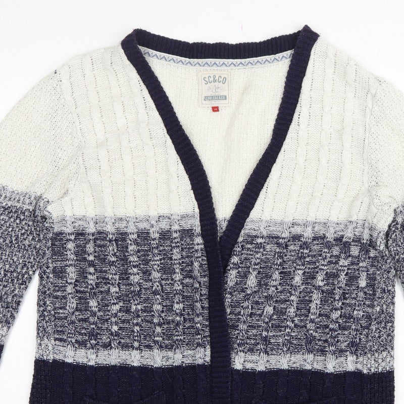Soulcal & Co Women’s Blue Ivory Cable Knit Open Cardigan Size 14