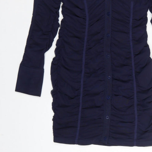 Zara Women Blue M Ruched Mesh Long Sleeve Shirt Dress