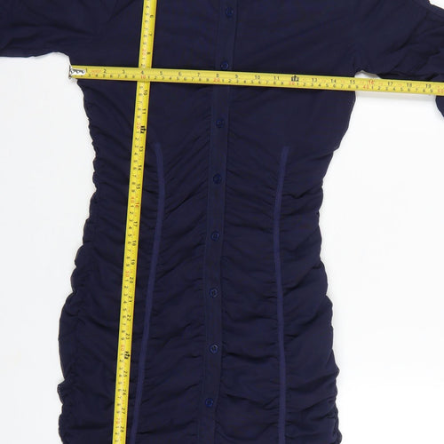 Zara Women Blue M Ruched Mesh Long Sleeve Shirt Dress