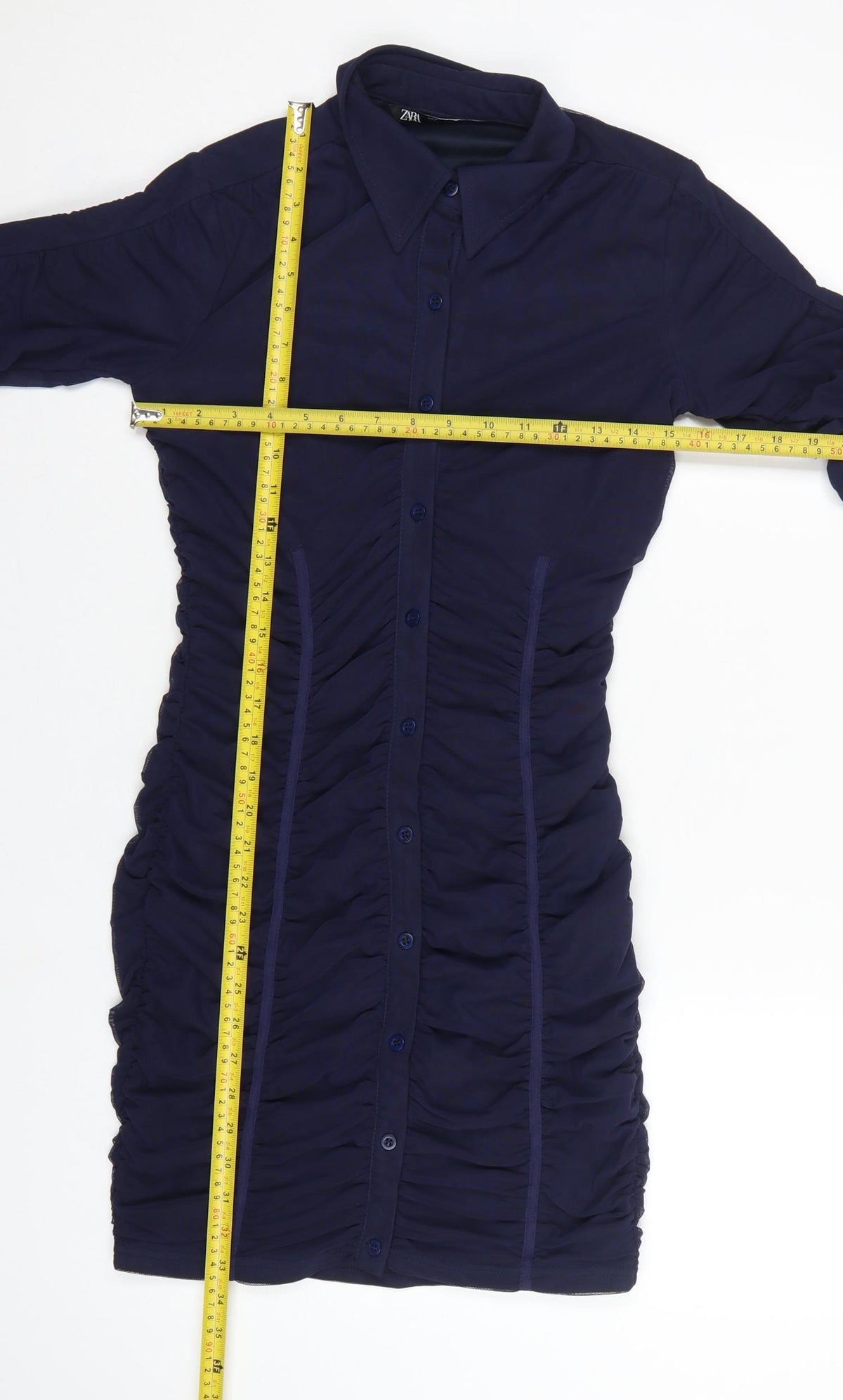 Zara Women Blue M Ruched Mesh Long Sleeve Shirt Dress
