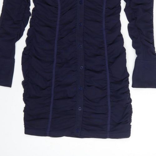 Zara Women Blue M Ruched Mesh Long Sleeve Shirt Dress