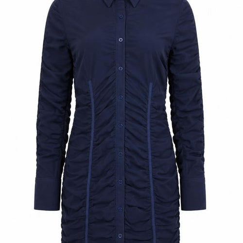 Zara Women Blue M Ruched Mesh Long Sleeve Shirt Dress