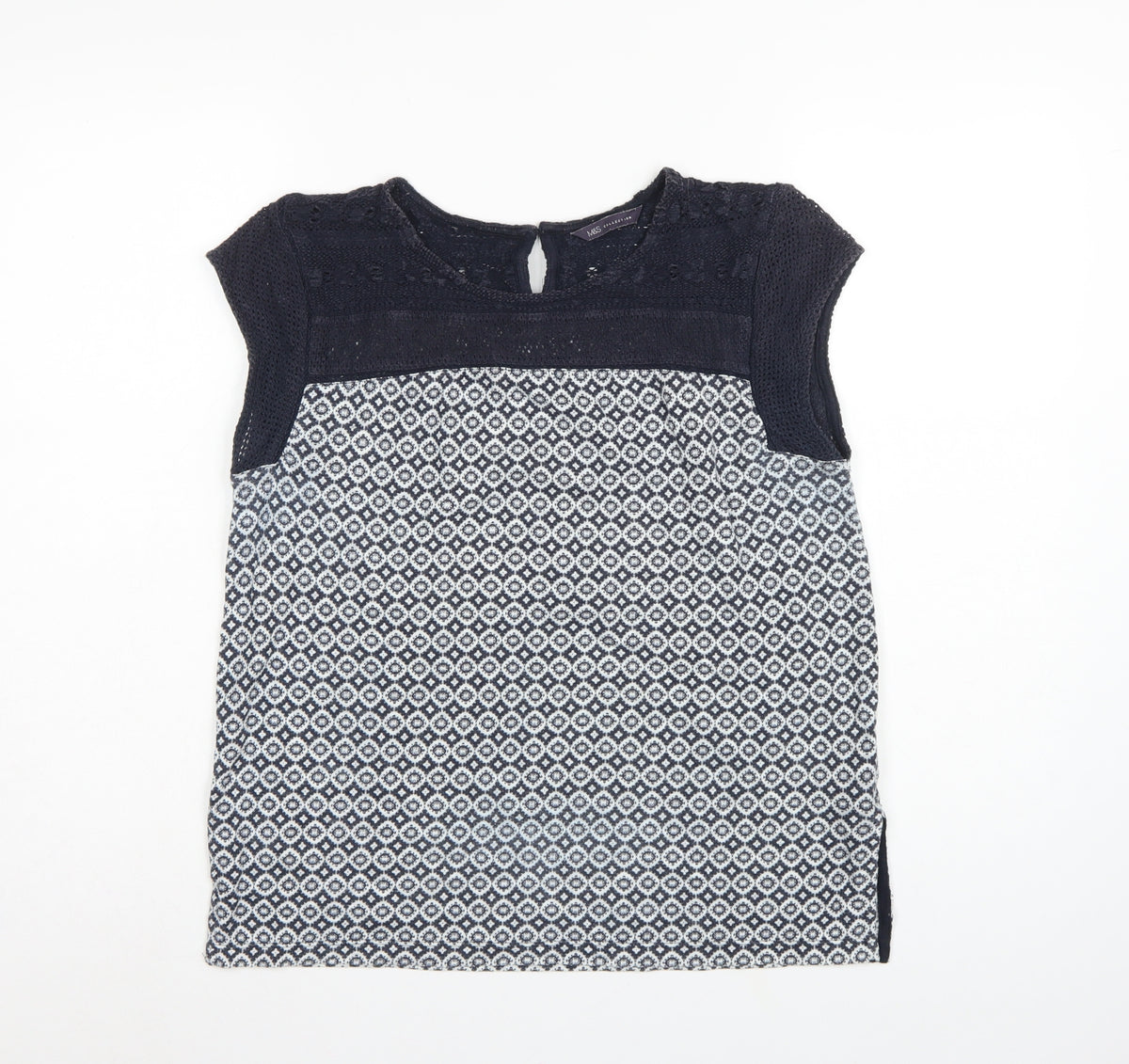 Marks and Spencer Women Navy Geometric Knit Cap Sleeve Blouse UK 12
