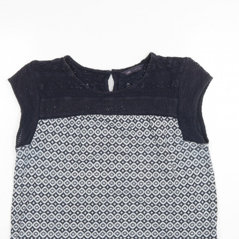 Marks and Spencer Women Navy Geometric Knit Cap Sleeve Blouse UK 12