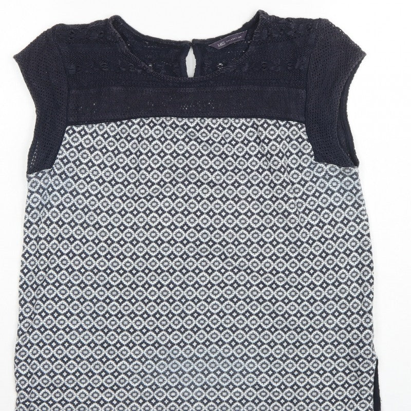 Marks and Spencer Women Navy Geometric Knit Cap Sleeve Blouse UK 12