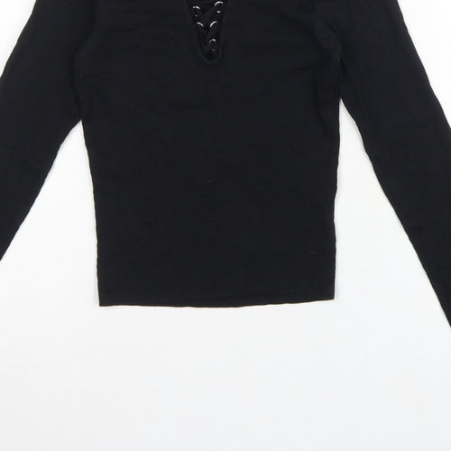 New Look Women Black UK 10 Ribbed Lace-Up V-Neck Long Sleeve Top