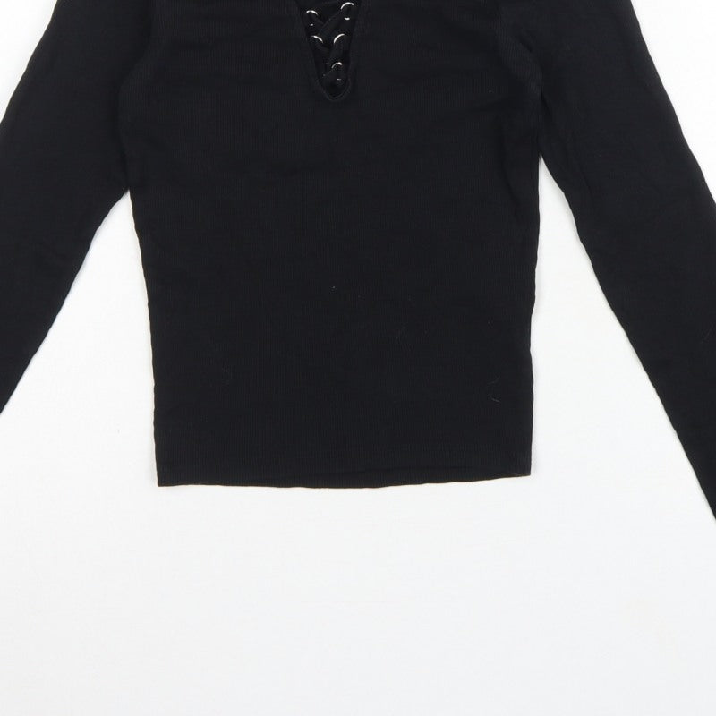 New Look Women Black UK 10 Ribbed Lace-Up V-Neck Long Sleeve Top