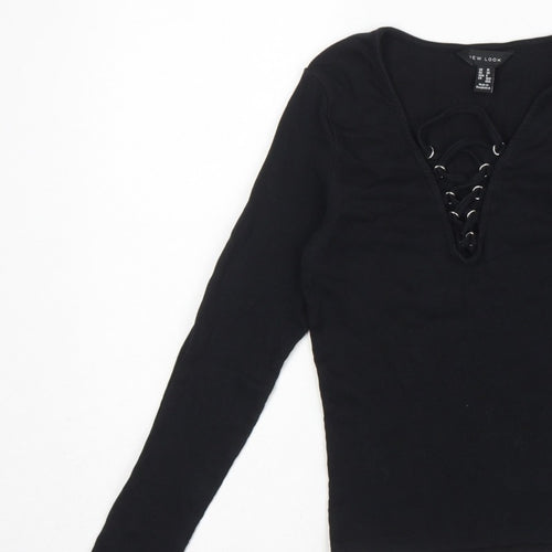 New Look Women Black UK 10 Ribbed Lace-Up V-Neck Long Sleeve Top