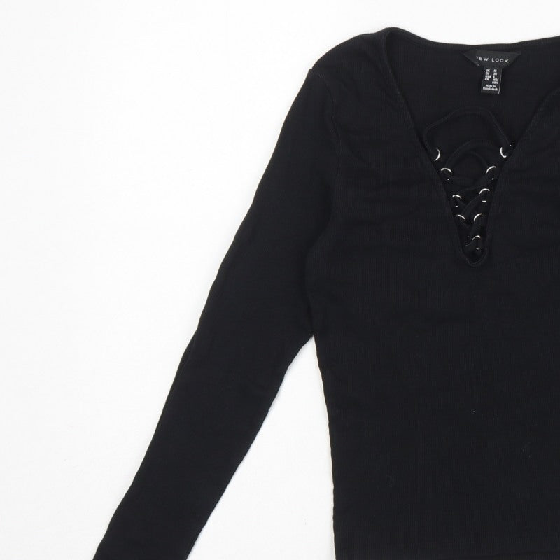 New Look Women Black UK 10 Ribbed Lace-Up V-Neck Long Sleeve Top