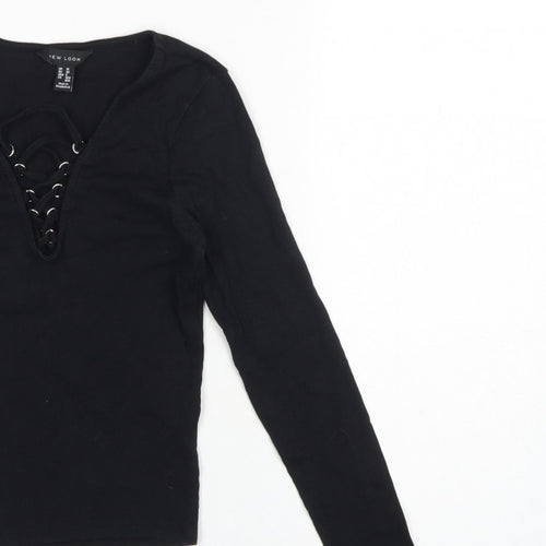 New Look Women Black UK 10 Ribbed Lace-Up V-Neck Long Sleeve Top