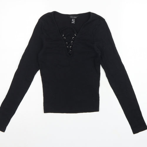 New Look Women Black UK 10 Ribbed Lace-Up V-Neck Long Sleeve Top