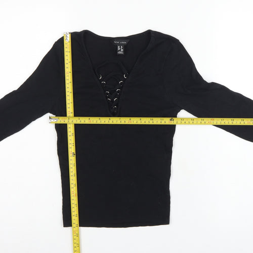 New Look Women Black UK 10 Ribbed Lace-Up V-Neck Long Sleeve Top