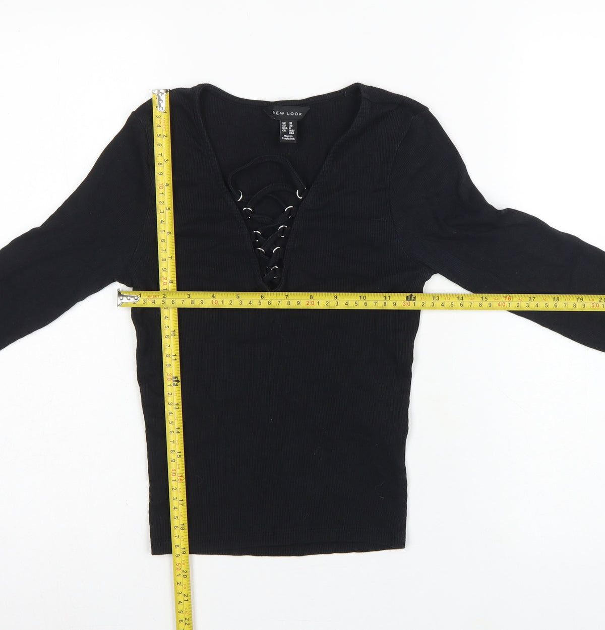 New Look Women Black UK 10 Ribbed Lace-Up V-Neck Long Sleeve Top